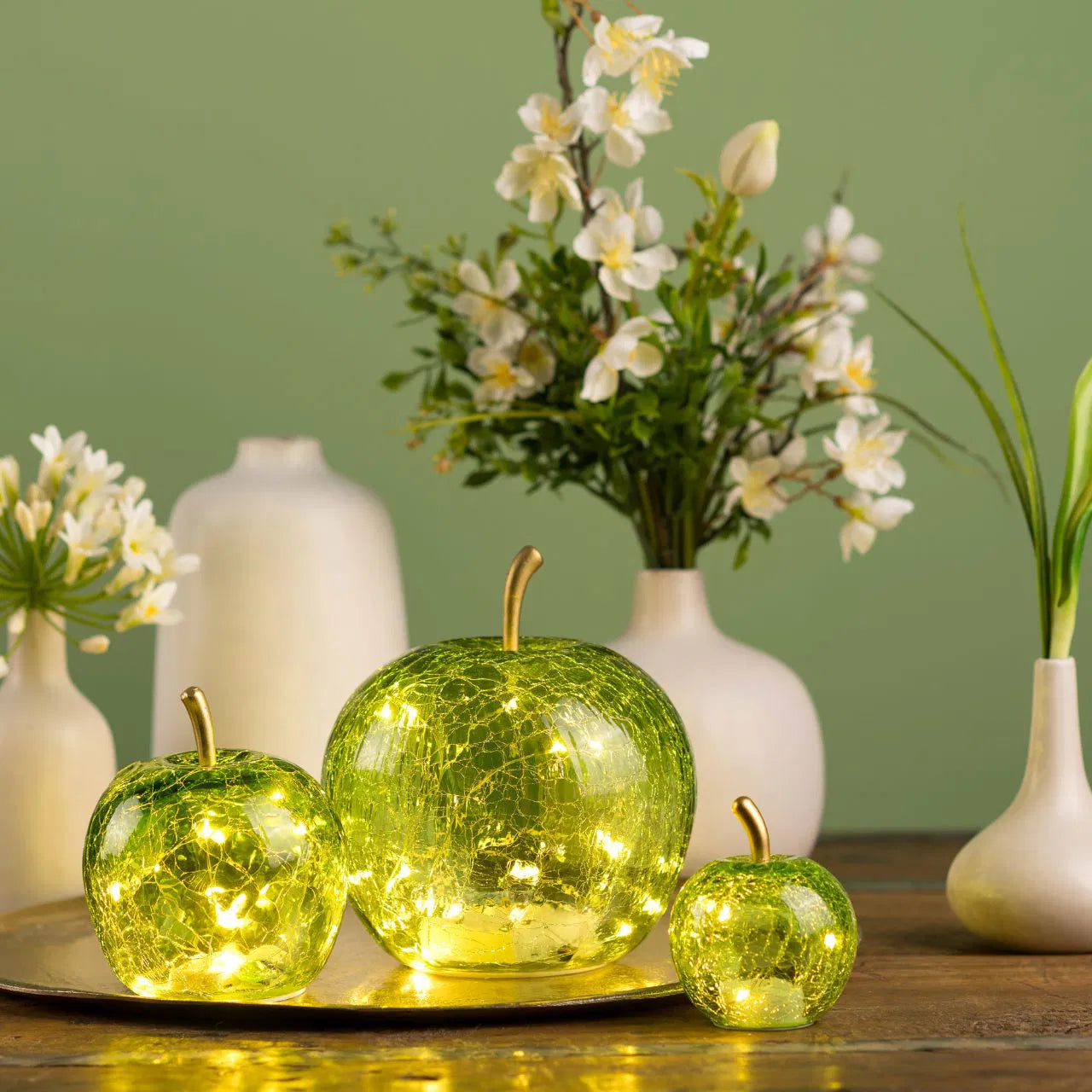 🍏 Wurm Mela Decorativa con 10 LED e Timer – Verde Chiaro – 11x12x11 cm