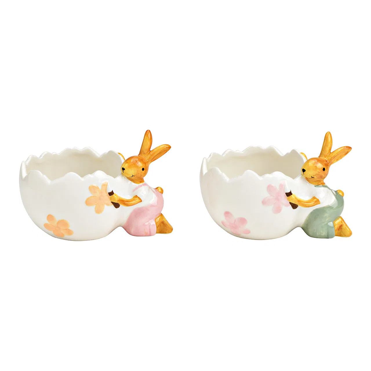 🐰 Wurm Coppia di Ciotole Coniglio con Decorazione Floreale – Ceramica Verde/Rosa – 15x11x10 cm