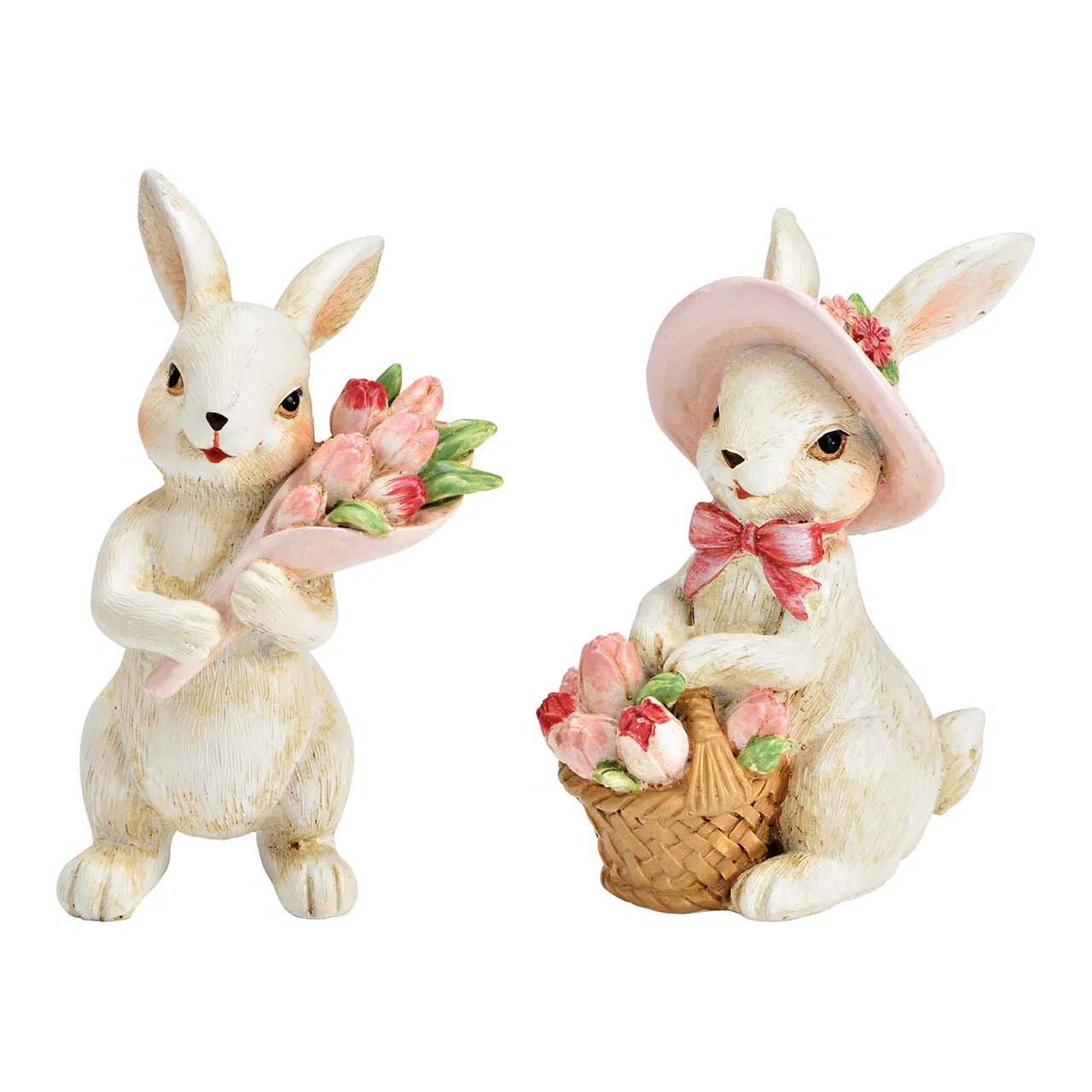 🐰 Wurm Coppia di Conigli con Bouquet di Tulipani e Cestino in Polietilene Bianco – 7x12x6 cm