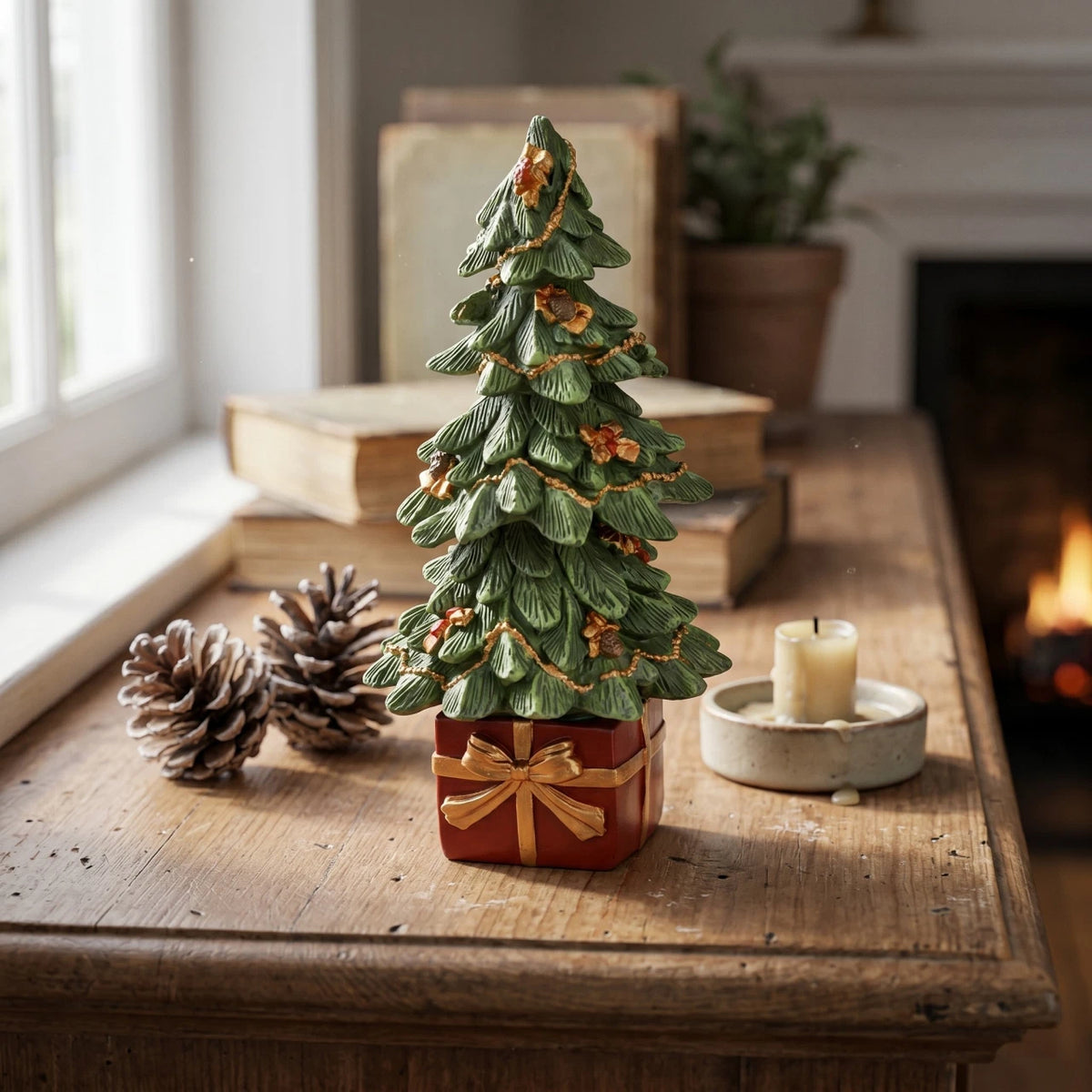 Wurm-Albero di Natale Decorativo con Base a Pacco Regalo in Resina (17 cm)