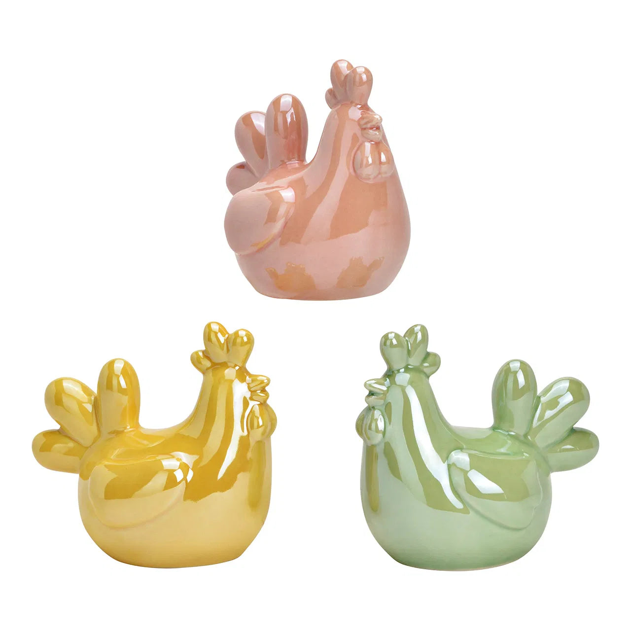 🐥 Wurm Tris di Statuette Galletta in Porcellana – Giallo/Rosa/Verde – 11x10x8 cm