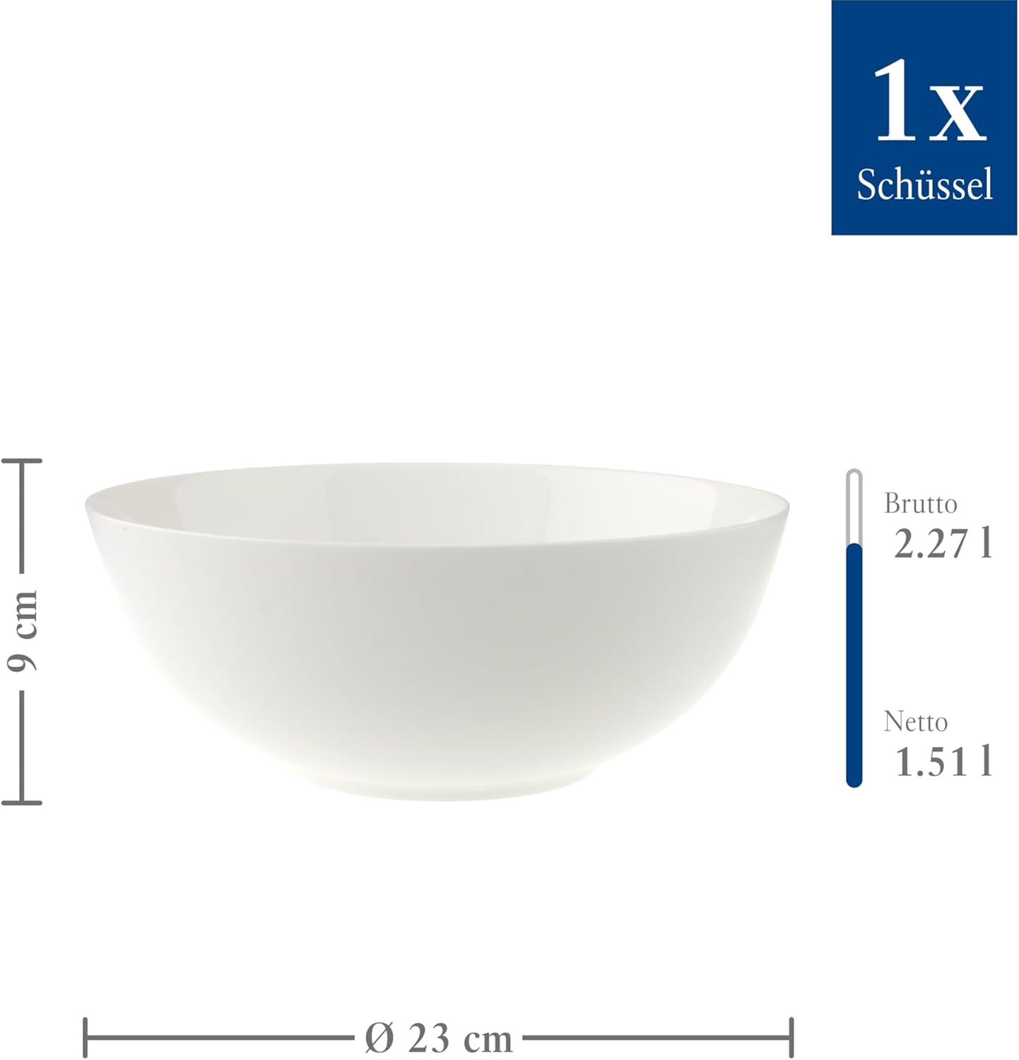 Villeroy & Boch Royal Insalatiera Rotonda, 2200 ml, per Servire e Gustare con Stile, Lavabile in Lavastoviglie e Utilizzabile al Microonde, Bianco, 23 cm