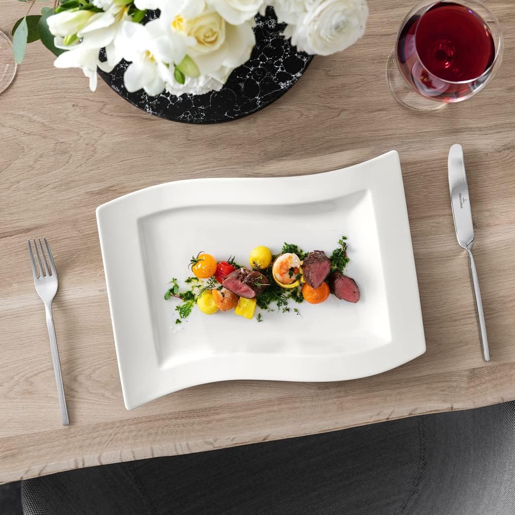Villeroy & Boch NewWave Piatto di Servizio, da Portata, Angolare, dalle Linee Curve, per Lavastoviglie, Porcellana Premium, Bianco, 49 c 30 cm