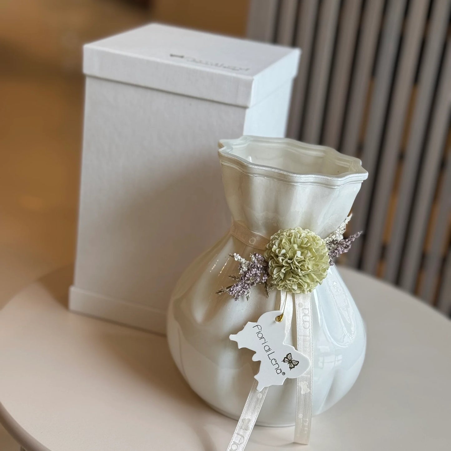 Fiori Di Lena Vasetto in Vetro c/ Dalia e Nebbiolina H20 Bianco/Verde