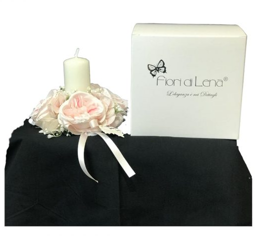 Fiori di Lena – Portacandele con rose Austin, ortensie e nebbiolina con scatola