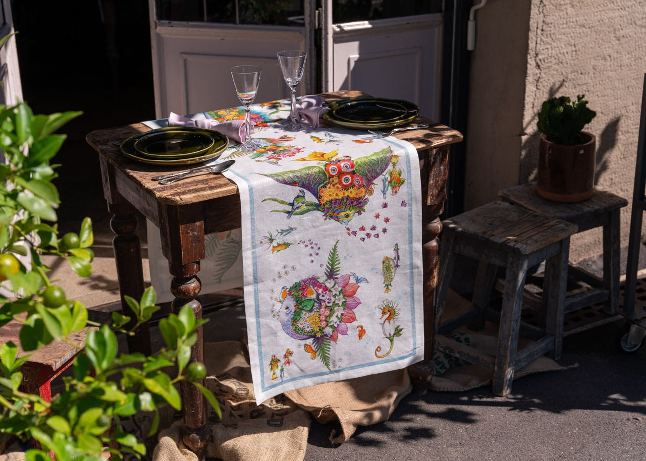Tessitura Toscana Teleria PESCIFLORA RUNNER TAVOLO VIS A VIS DI LINO