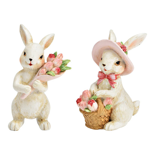 🐰 Wurm Coppia di Conigli con Bouquet di Tulipani e Cestino in Polietilene Bianco – 7x12x6 cm