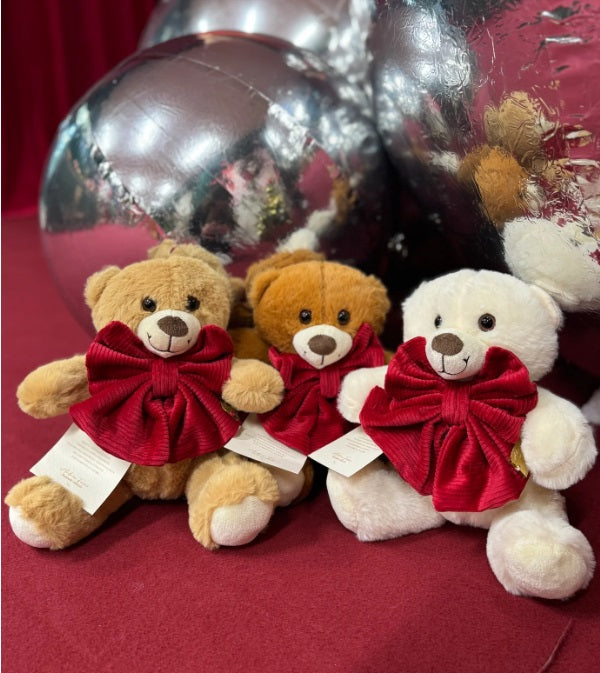 ORSO TEDDY C/FIOCCO IN VELLUTO ROSSO IN 3 VARIANTI - H.23 CM - MADAME FIOCCO'