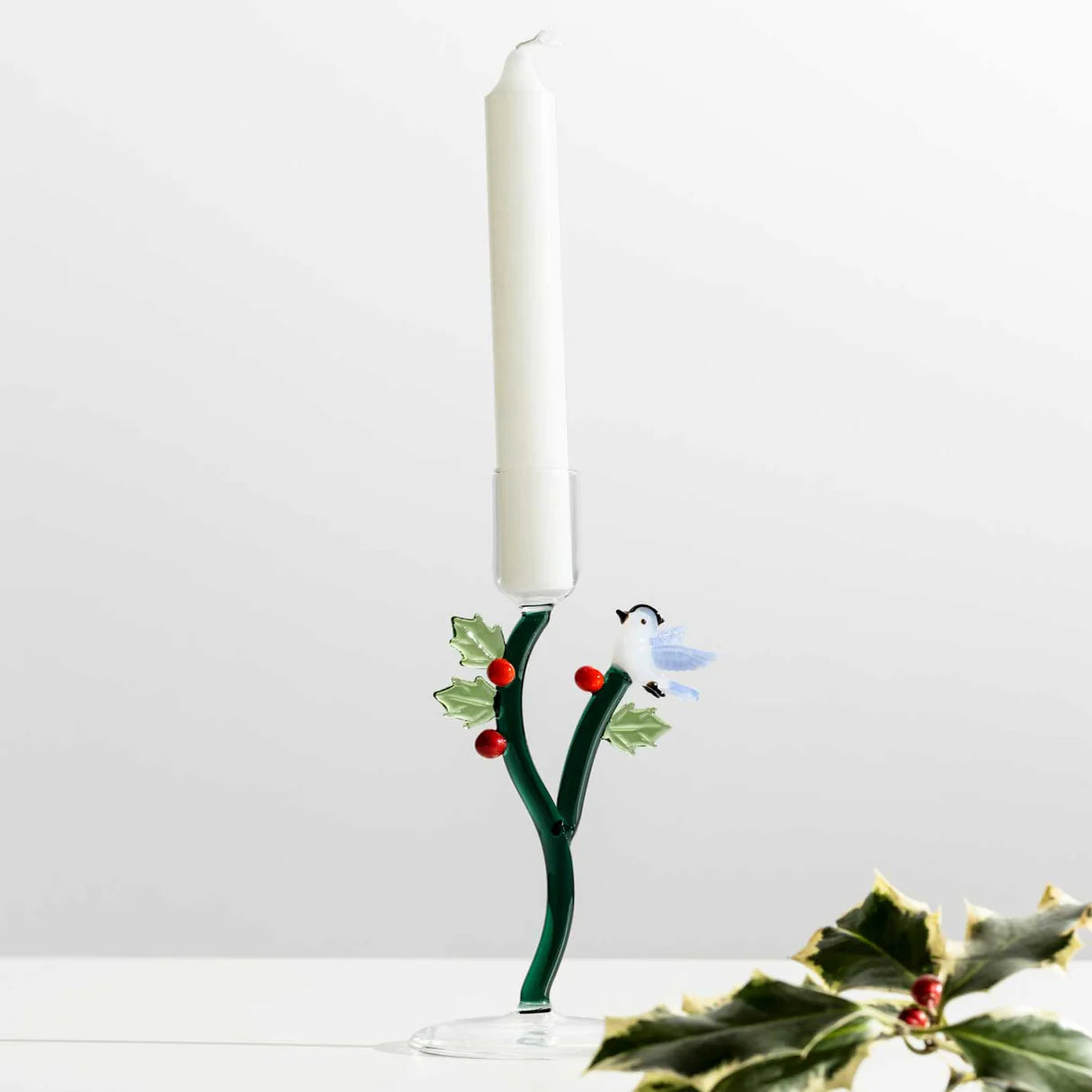 ICHENDORF Milano Woodland Tales Candeliere Agrifoglio e Uccellino Azzurro 18,5cm Vetro Borosilicato