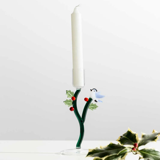 ICHENDORF Milano Woodland Tales Candeliere Agrifoglio e Uccellino Azzurro 18,5cm Vetro Borosilicato