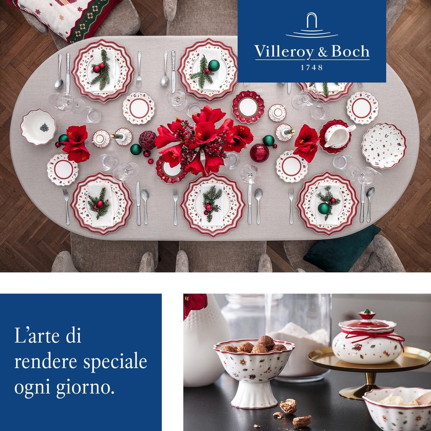 Villeroy & Boch, Toy's Delight Vassoio da Portata Rosso e Bianco, Adatto per Microonde, Decorazione Natalizie, Stoviglie, Piatto, Porcellana Premium