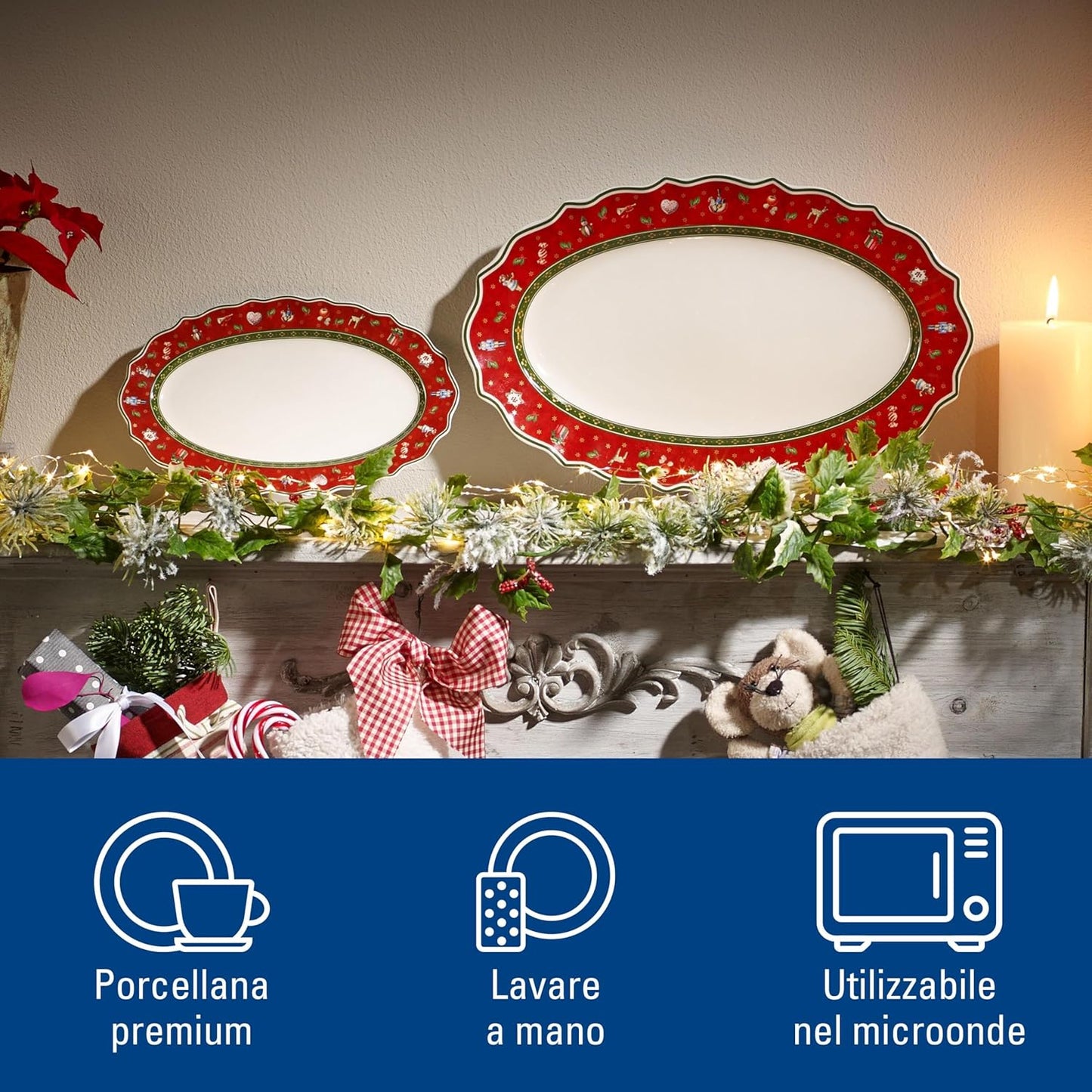 Villeroy & Boch, Toy's Delight Vassoio da Portata Rosso e Bianco, Adatto per Microonde, Decorazione Natalizie, Stoviglie, Piatto, Porcellana Premium