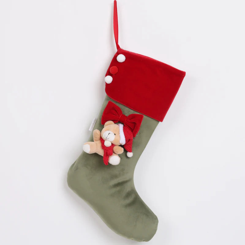 FIORI DI LENA Calza Natalizia Verde e Rossa In Velluto Con Orsetto h40