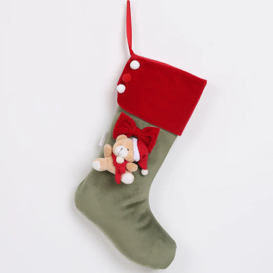 FIORI DI LENA Calza Natalizia Verde e Rossa In Velluto Con Orsetto h40