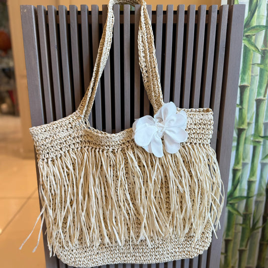 Fiori di Lena Estate Bag in Rafia con Fiore Bianco