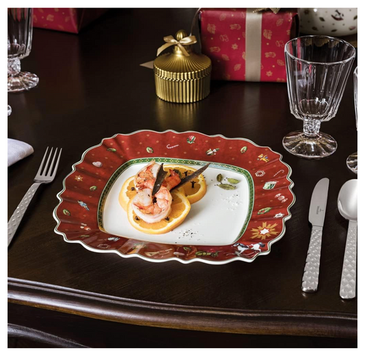 Toy’s Delight Piatto Piano Quadrato per le Feste, Porcellana Premium, Rosso