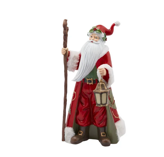 Babbo Natale con bastone statuetta color rosso con led in poliestere da 35 cm