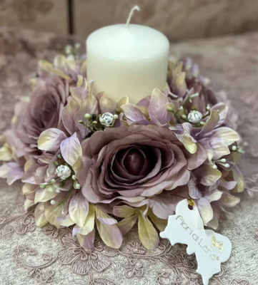 FIORI DI LENA Portacandela con Rose e Ortensie Lilla