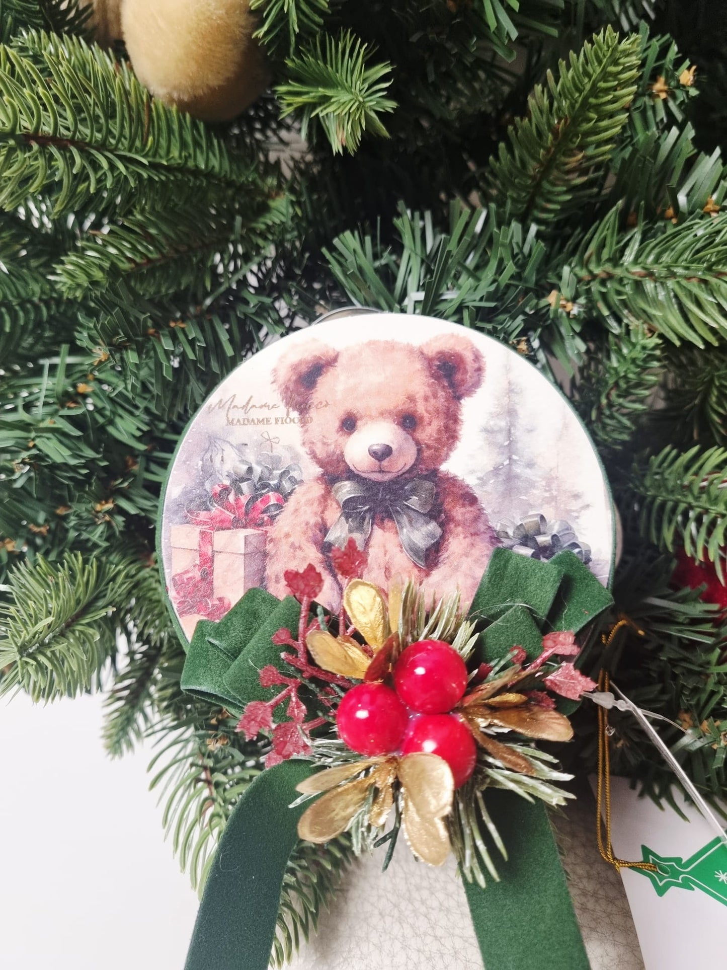 EDG Enzo De Gasperi Ghirlanda Natalizia Pino Argentato D60 cm con fiocchi e orsetti Madame Fiocco'