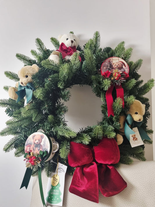 EDG Enzo De Gasperi Ghirlanda Natalizia Pino Argentato D60 cm con fiocchi e orsetti Madame Fiocco'