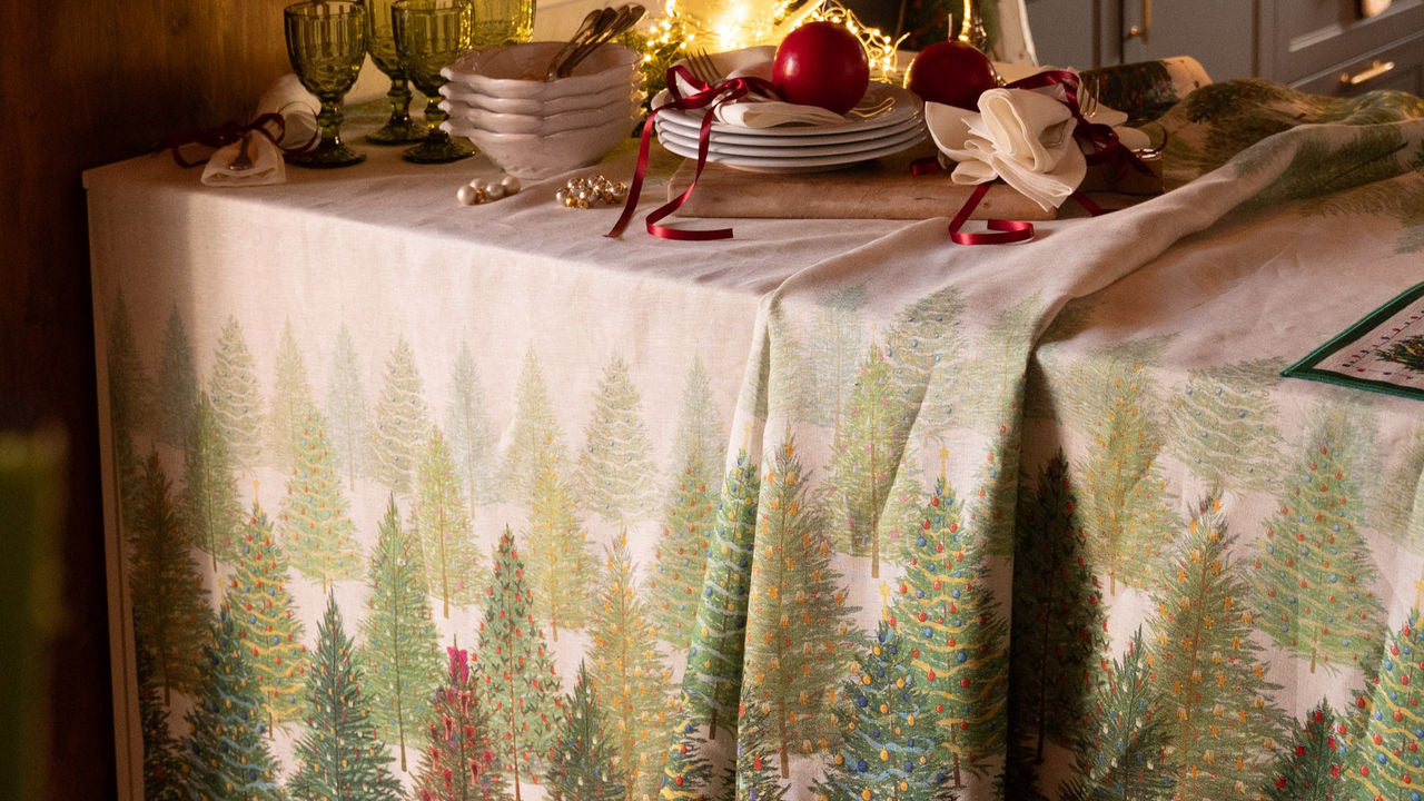 TESSITURA TOSCANA TELERIE FAIRY TREES  RUNNER TAVOLO VIS A VIS DI LINO  50X170CM