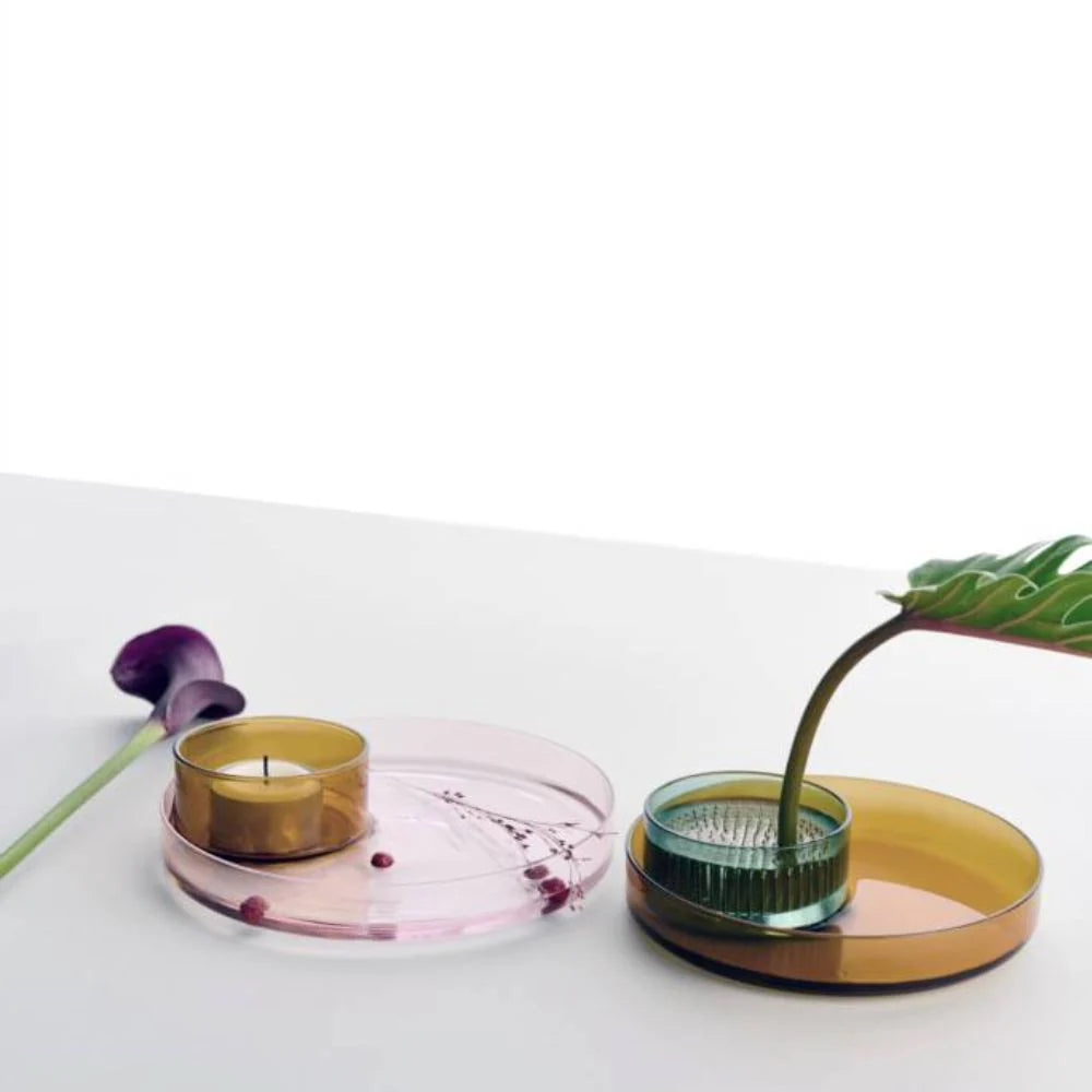 Ichendorf Kenzan set 3 pezzi: 2 vassoi in vetro + 1 flower frog in ottone by Denis Guidone